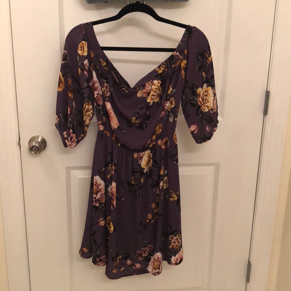 Purple floral dress.